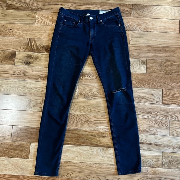 Size 27 Rag & Bone Skinny Denim Jeans Knee Slit Rip Dark Blue Terra - Picture 6 of 16